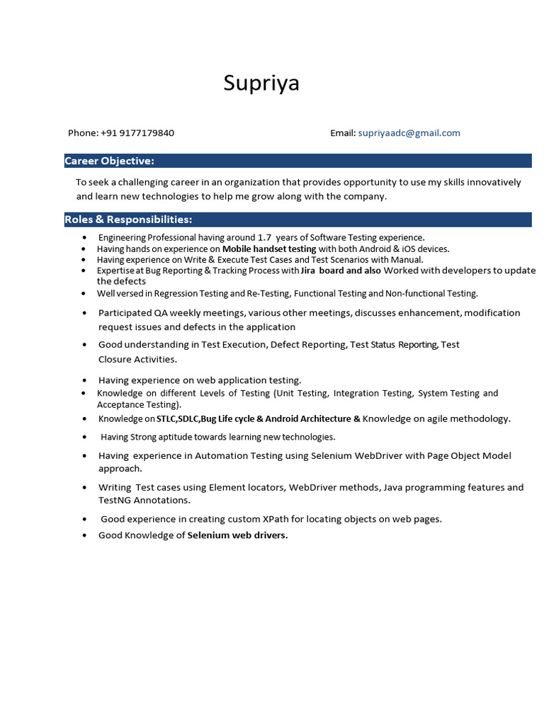 Software Testing Resume of Supriya V | PDF | Software Testing ...