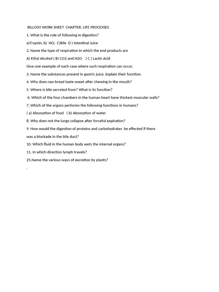 Biology Work Sheet Life Processes | PDF