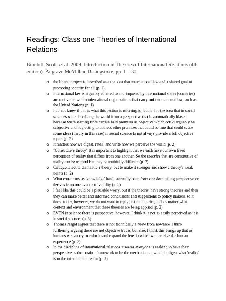 Theories of International Relations Overview | PDF | International ...