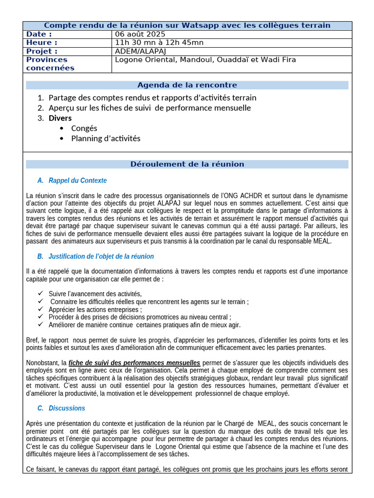 Compte Rendu Réunion ADEM/ALAPAJ | PDF | Gestion des ressources ...