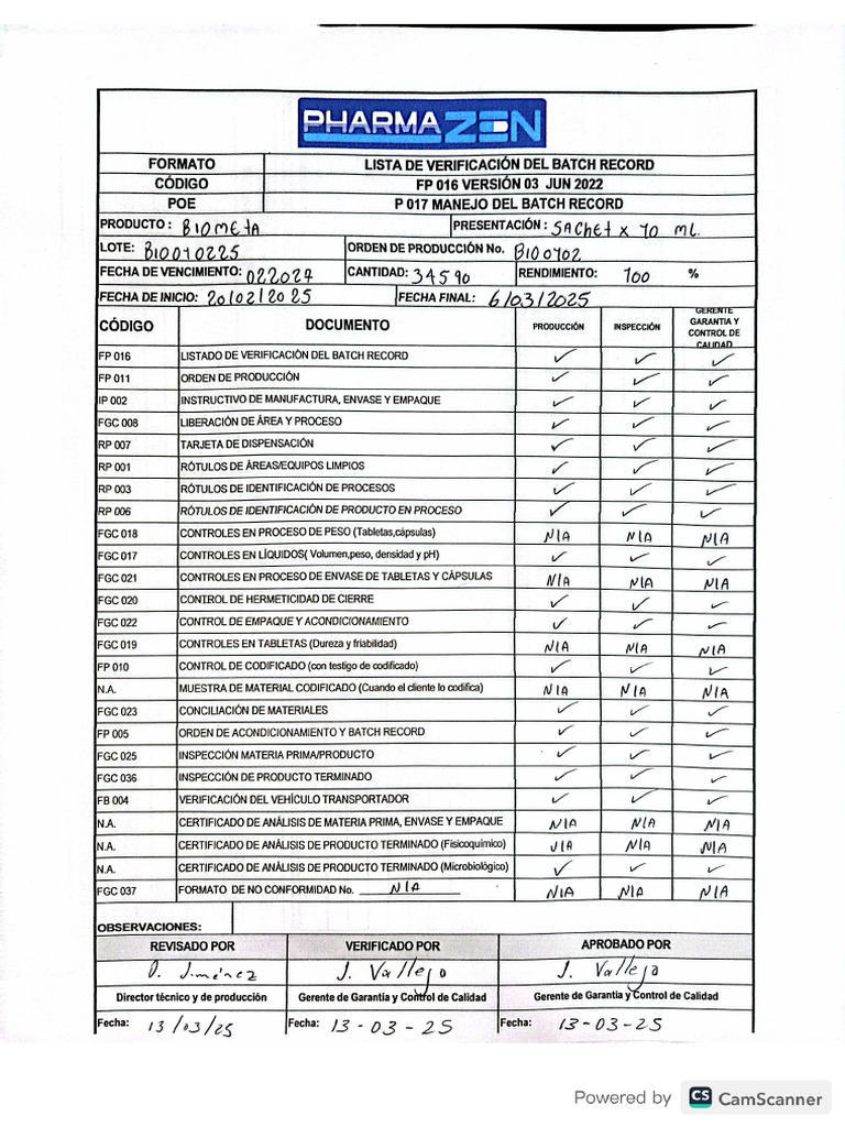 Batch Record Biometa Sachet - Bio010225 | PDF