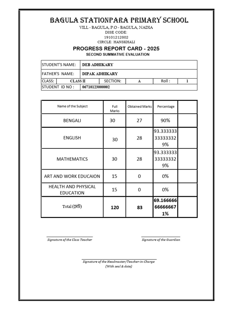 Class II Progress Report Card 2025 | PDF