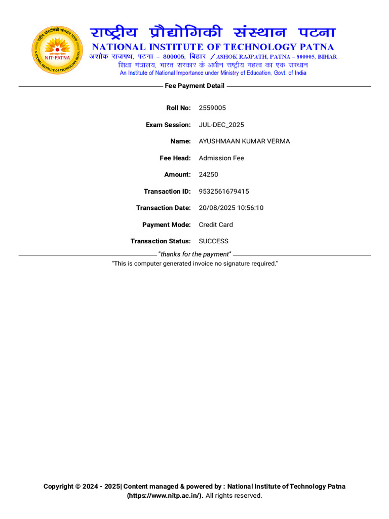 Admission Fee Payment Receipt | PDF