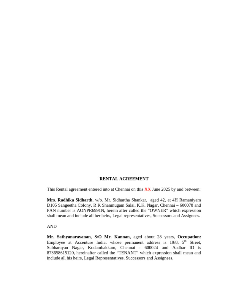 Chennai Residential Rental Agreement | PDF | Leasehold Estate | Lease