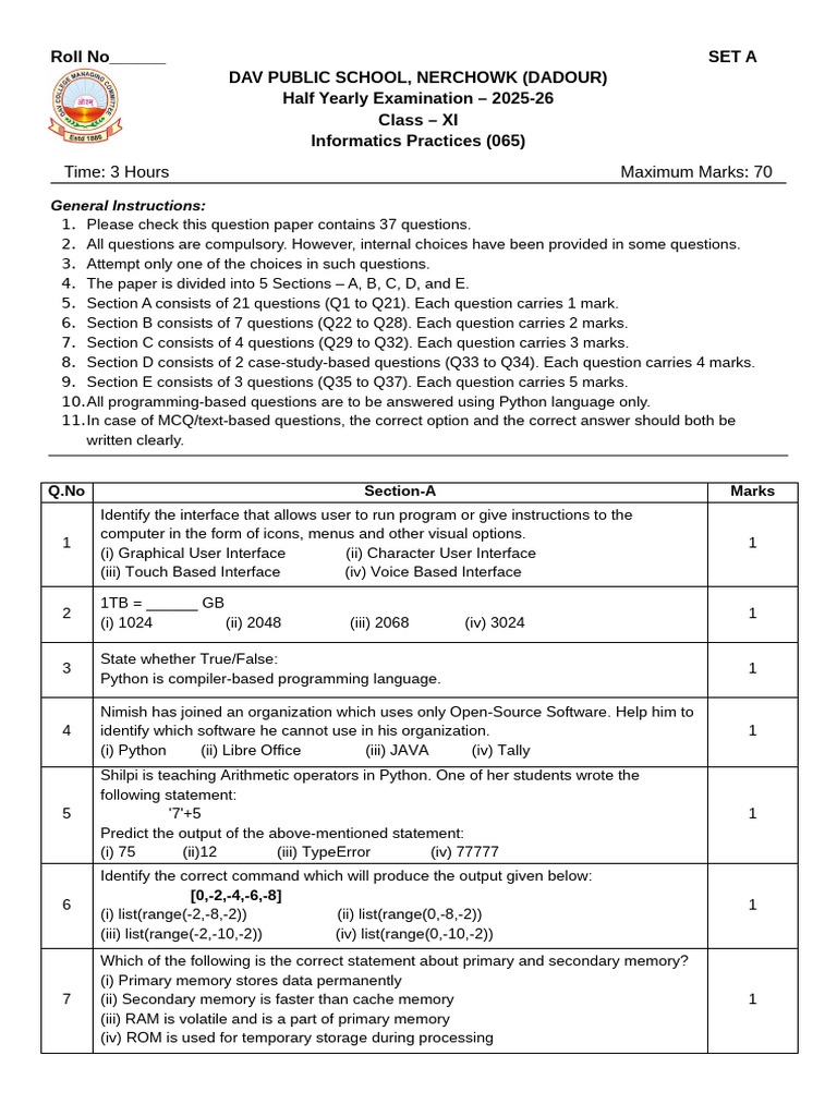 Class 11 IP Half Yearly Exam 2025-26 | PDF | Computer Data Storage ...