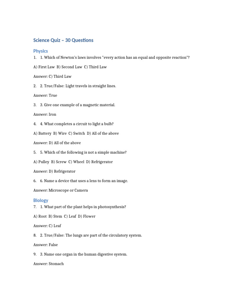 Science Quiz: 30 Questions on Physics, Biology, and Chemistry | PDF ...