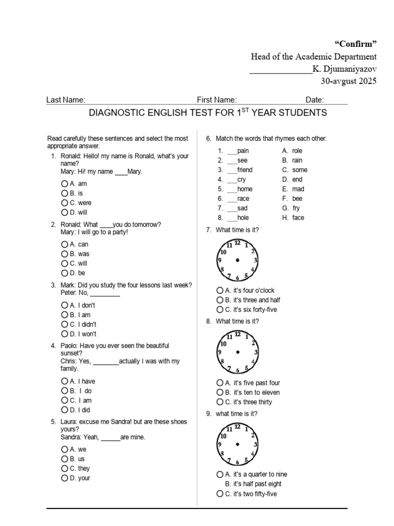 Diagnostic English Test for Students | PDF | Independence Day (United ...
