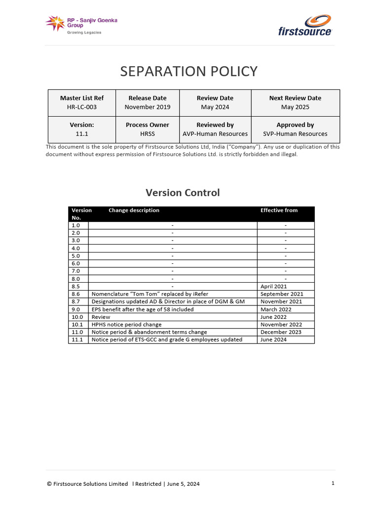 Firstsource Separation Policy Overview | PDF | Employment | Business