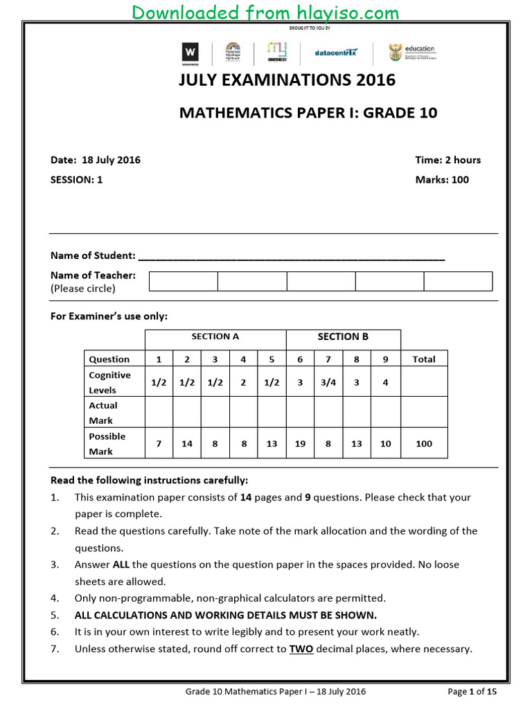 Grade 10 Maths Paper I Marking Guide | PDF | Mathematics