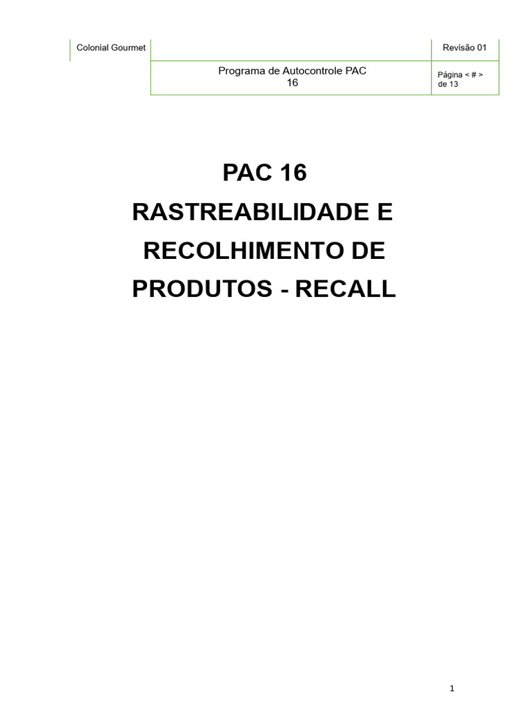 Rastreabilidade e Recall de Produtos PAC 16 | PDF