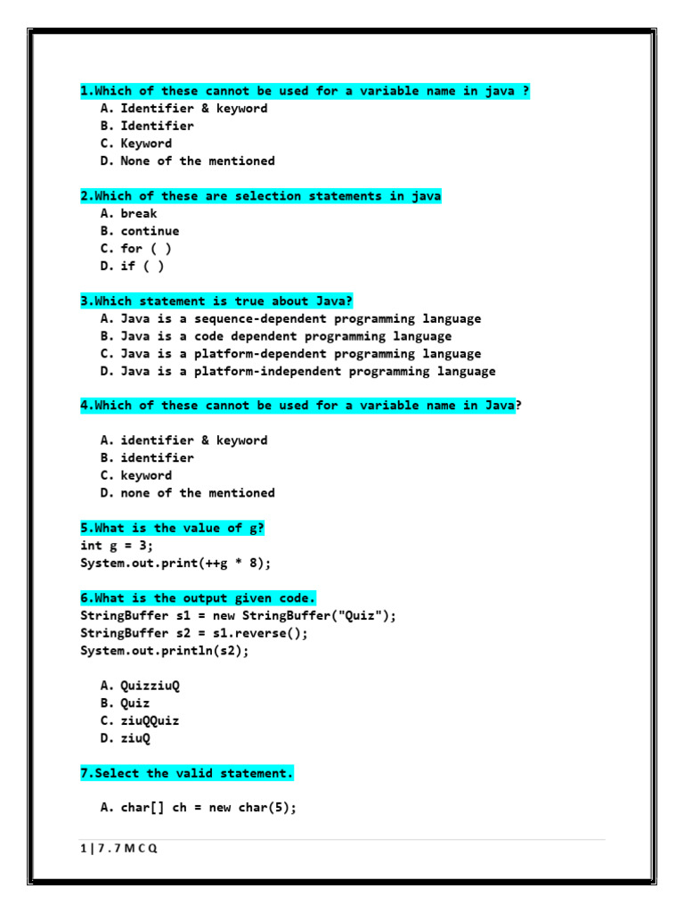 Java MCQ Questions and Answers | PDF | Class (Computer Programming ...