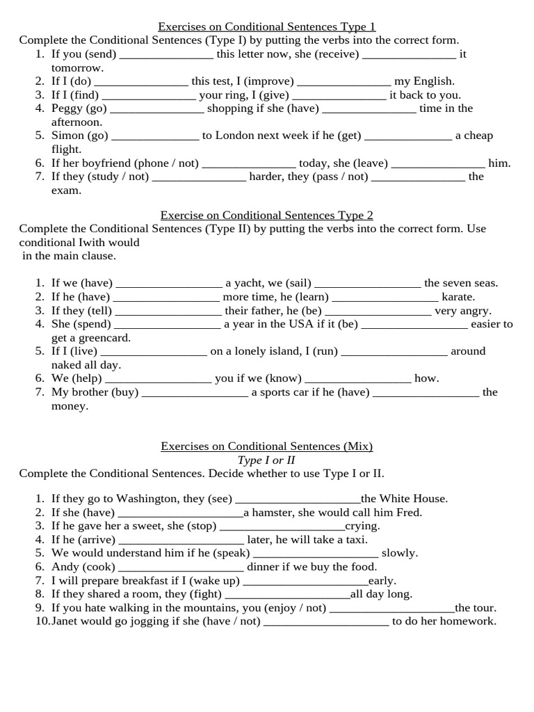 Exercises On Conditional Sentences Type 1,2 | PDF
