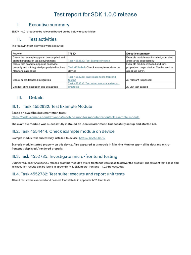 SDK 1.0.0 Test Report Summary | PDF | Computing | Software