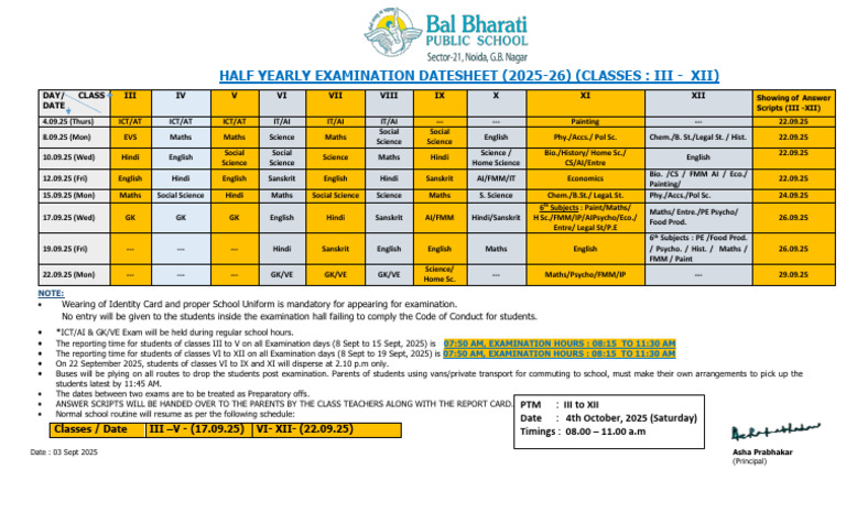 Half Yearly Exam Schedule 2025-26 | PDF
