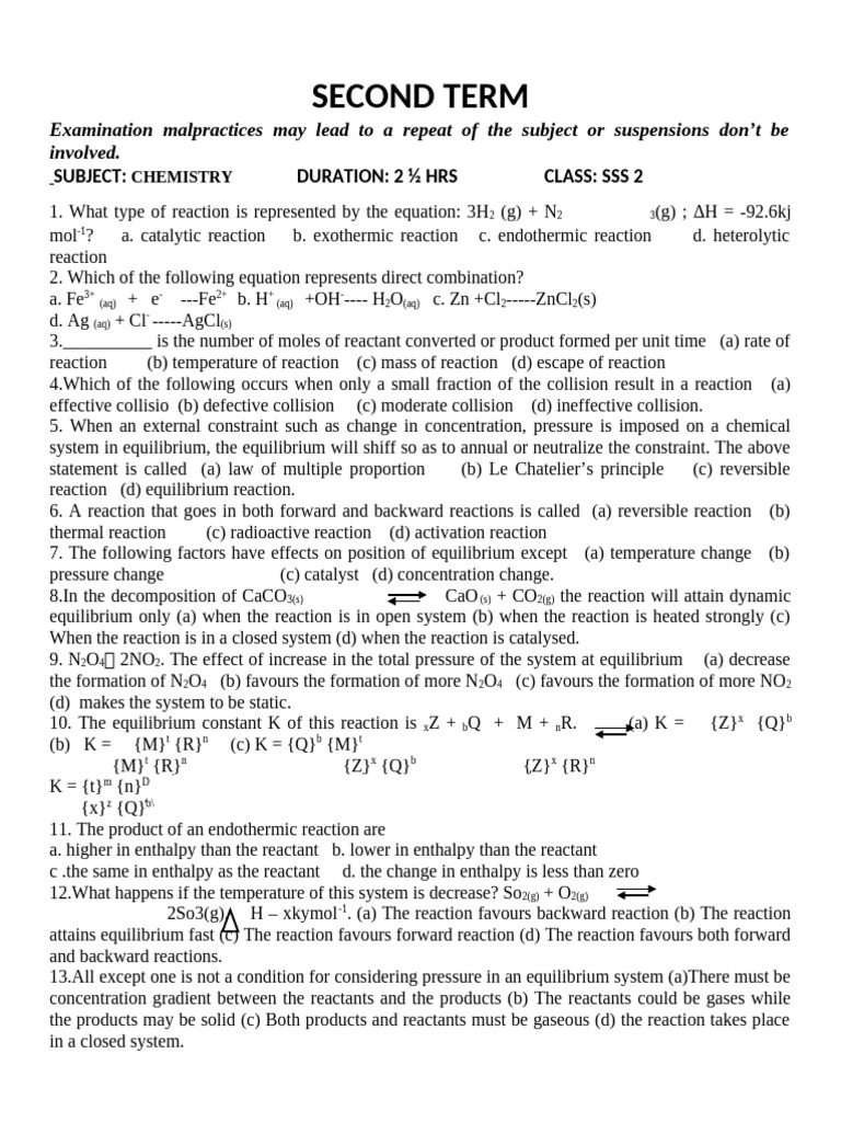 Chemistry Exam Questions for SSS 2 | PDF | Chemical Bond | Chemical ...