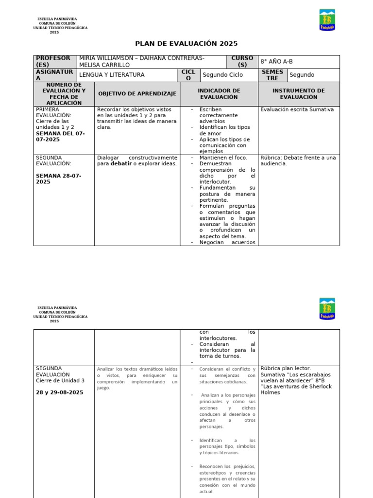 8°a-B - Plan de Evaluacion 2 S.2025 | PDF | Comunicación humana