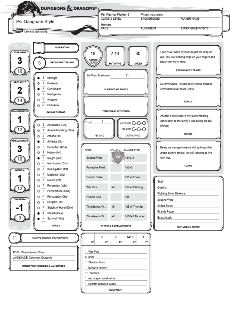 Psi Warrior Fighter Character Sheet | PDF