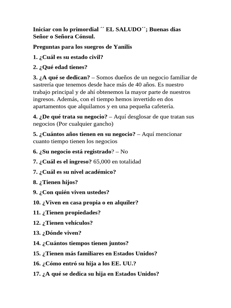 Preguntas para Suegros de Yanilis en EE. UU. | PDF