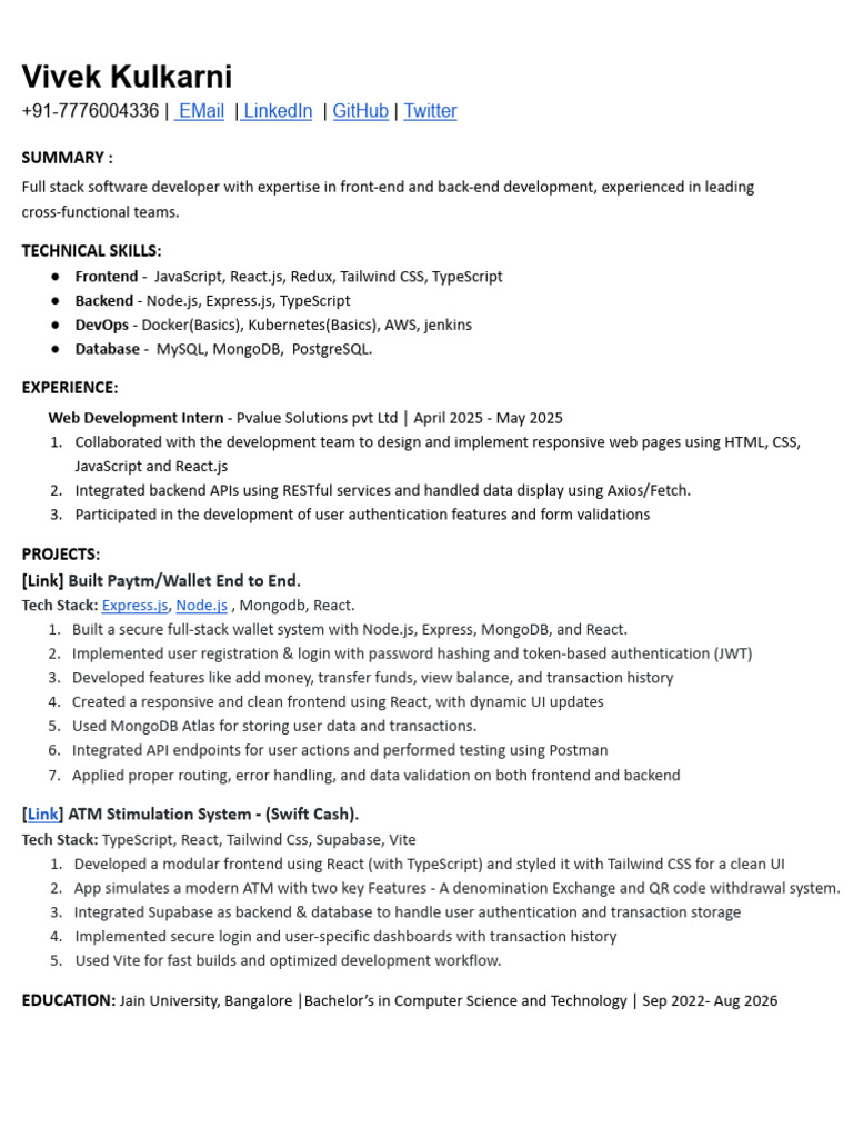 Full Stack Developer Resume: Vivek Kulkarni | PDF