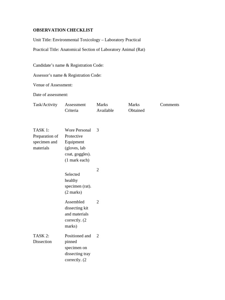Animal Dissection Checklist | PDF | Medical Specialties