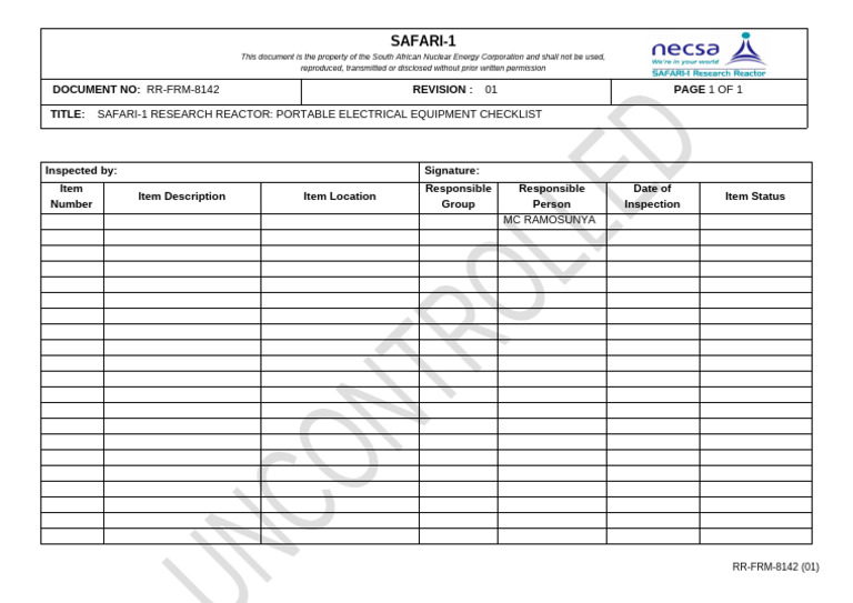 SAFARI-1 Reactor Equipment Checklist | PDF