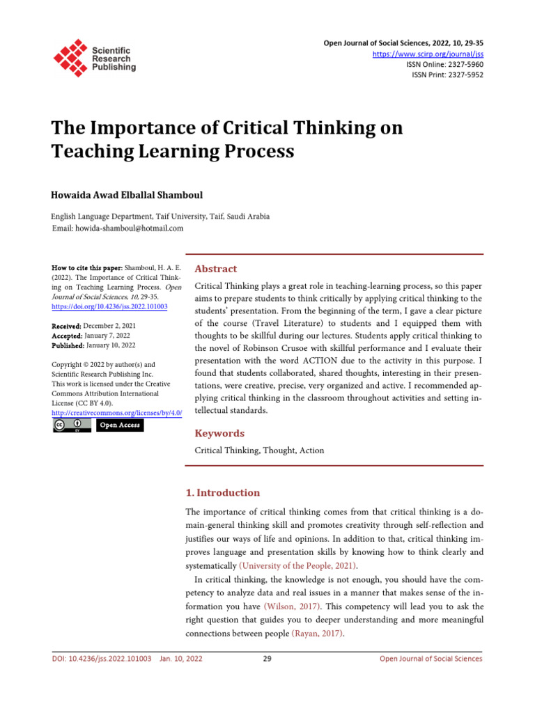 Critical Thinking in Education Process | PDF | Thought | Critical Thinking