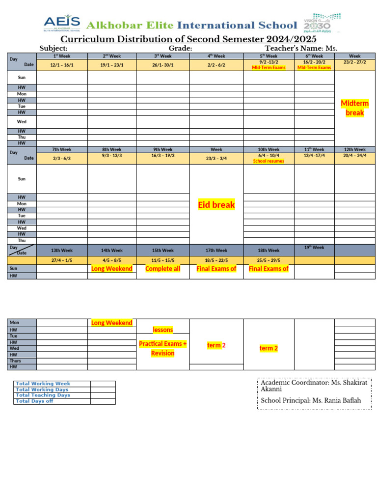 Second Semester 2024/2025 Curriculum Schedule | PDF
