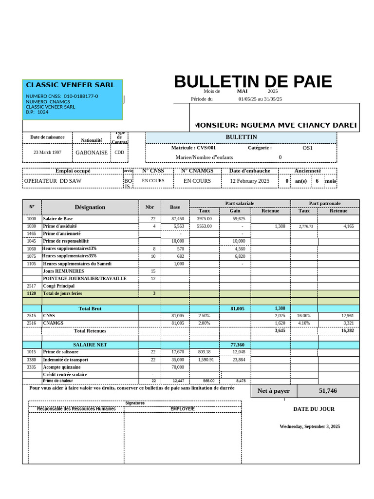 Bulletin de paie Mai 2025 - Nguema Mve Darel | PDF | Rémunération des ...