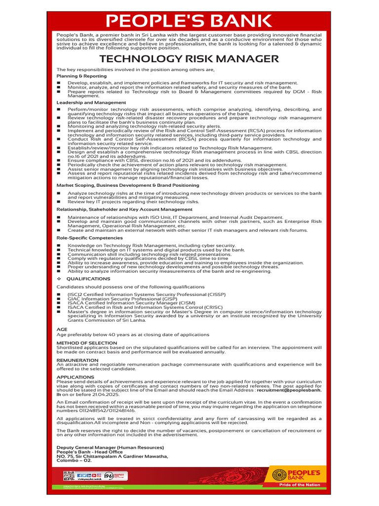 Technology Risk Manager Job at People's Bank | PDF | Risk Management ...