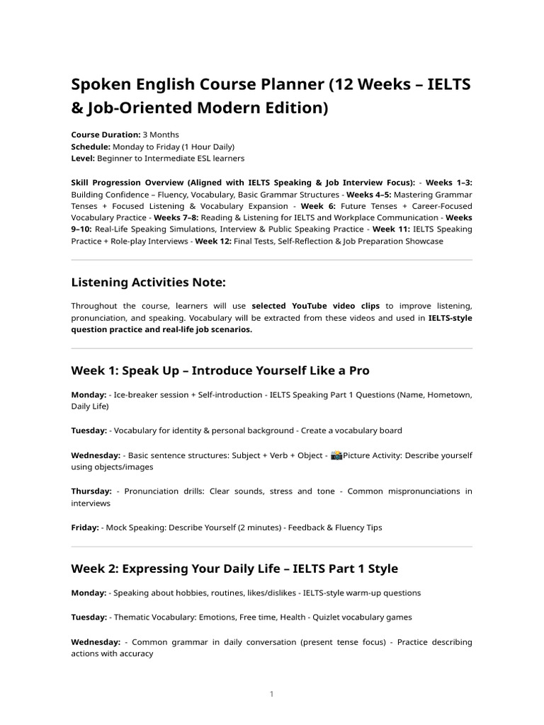 12-Week Spoken English Course Plan | PDF | Linguistics | Grammar