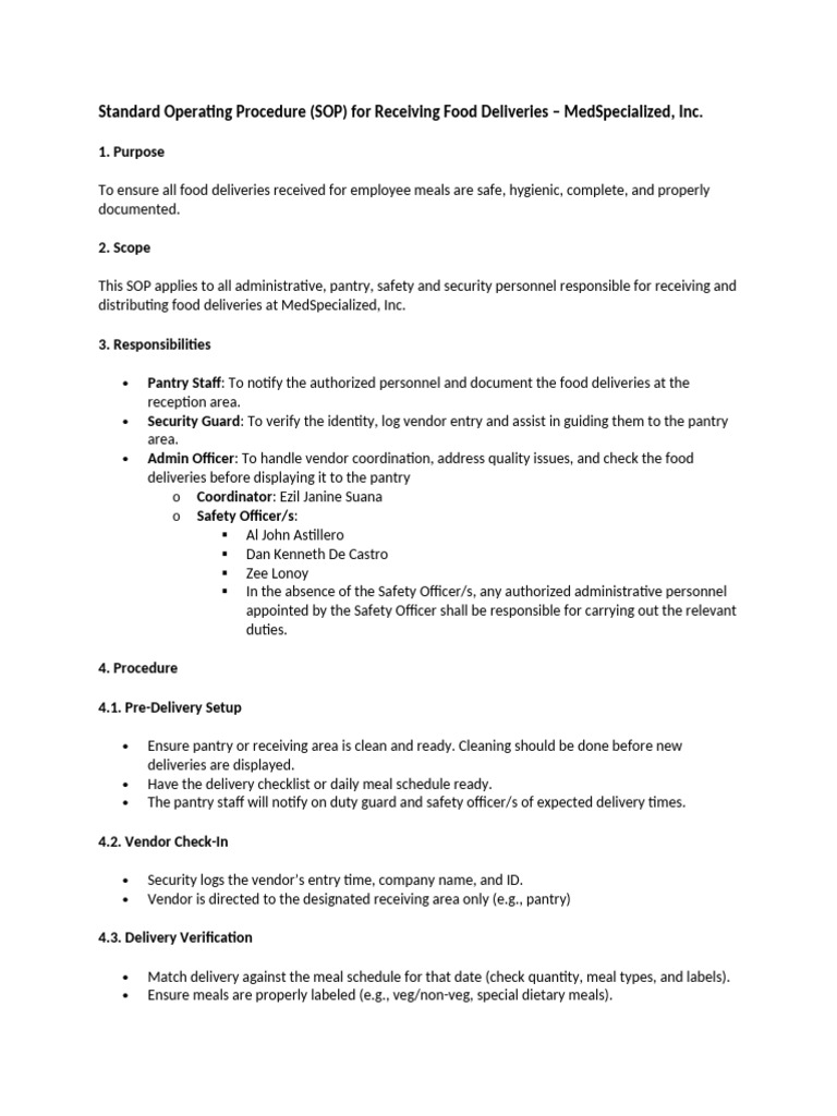 SOP for Food Delivery Receiving Process | PDF
