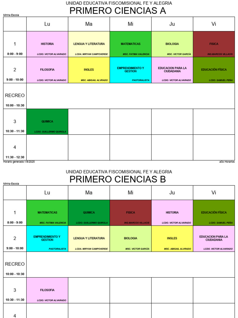 Horarios de Clases 2025 - Unidad Educativa | PDF