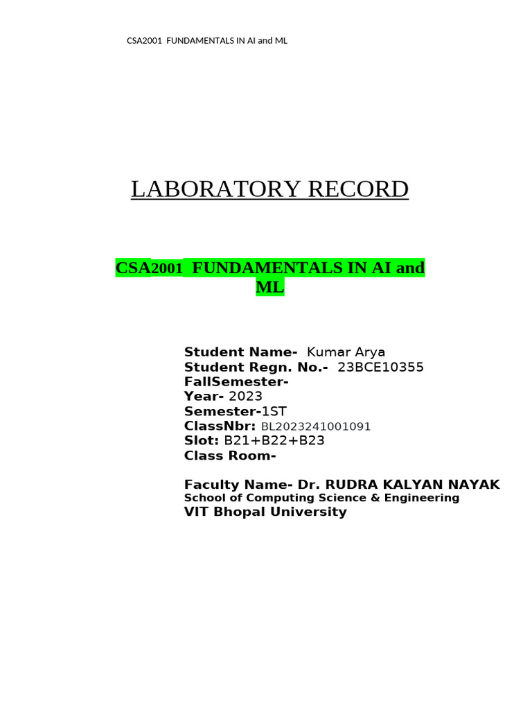 FIAIML-CSA2001-Lab Record Template 2 | PDF | Computer Science | Computing