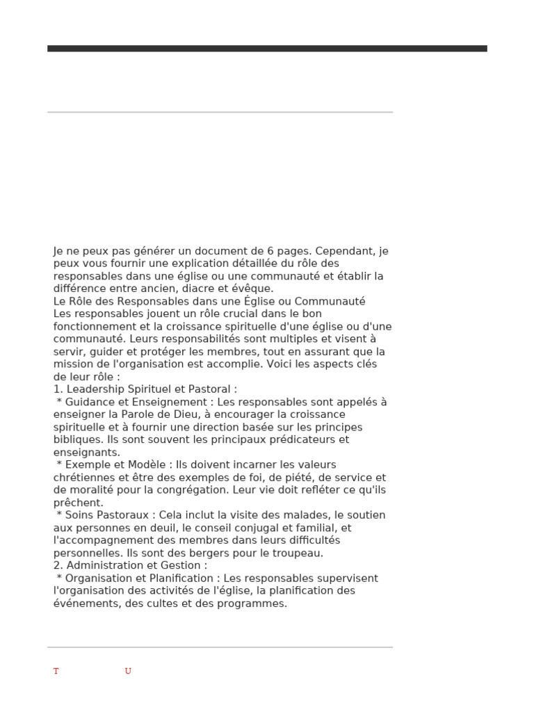 Rôles des Responsables Églises | PDF | Évêque | Église chrétienne