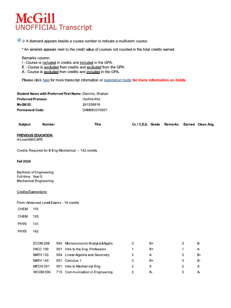 McGill Transcript | PDF