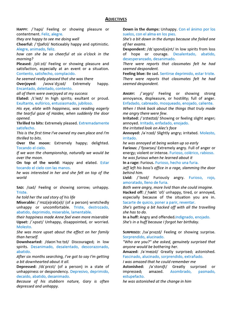 Adjectives Describing Emotions | PDF | Anxiety | Anger