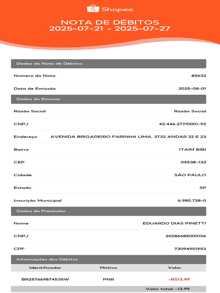 Nota de Débitos - Julho 2025 | PDF