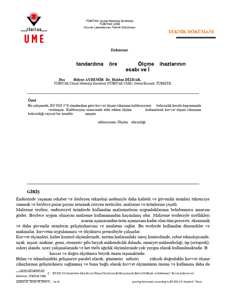EN ISO 376 Standardına Göre Kuvvet Ölçme Cihazlarının Kalibrasyonunda ...