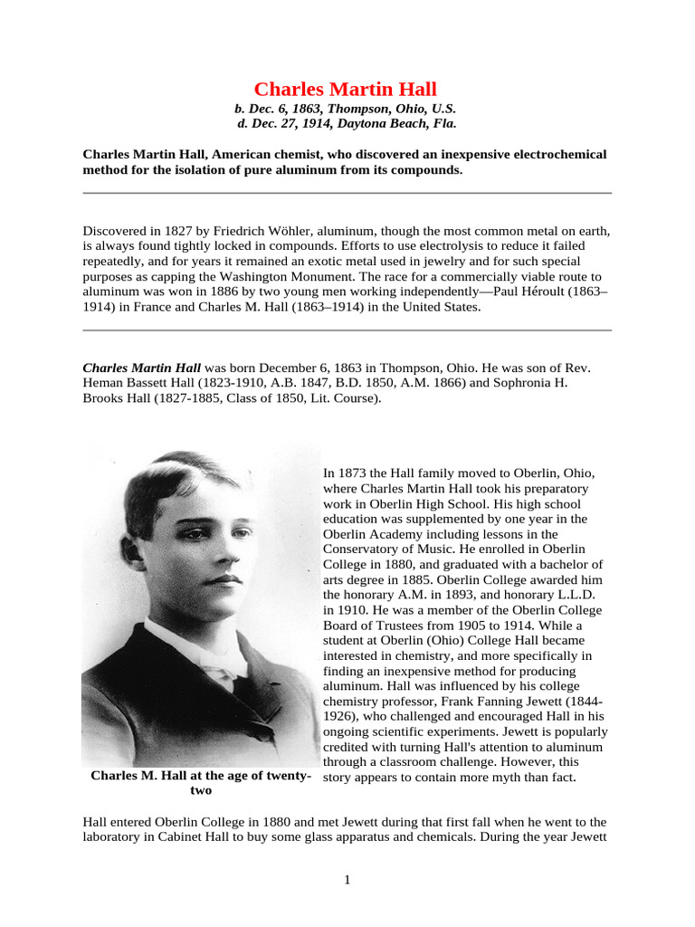 Charles Martin Hall: Aluminum Pioneer | PDF | Aluminium | Alcoa