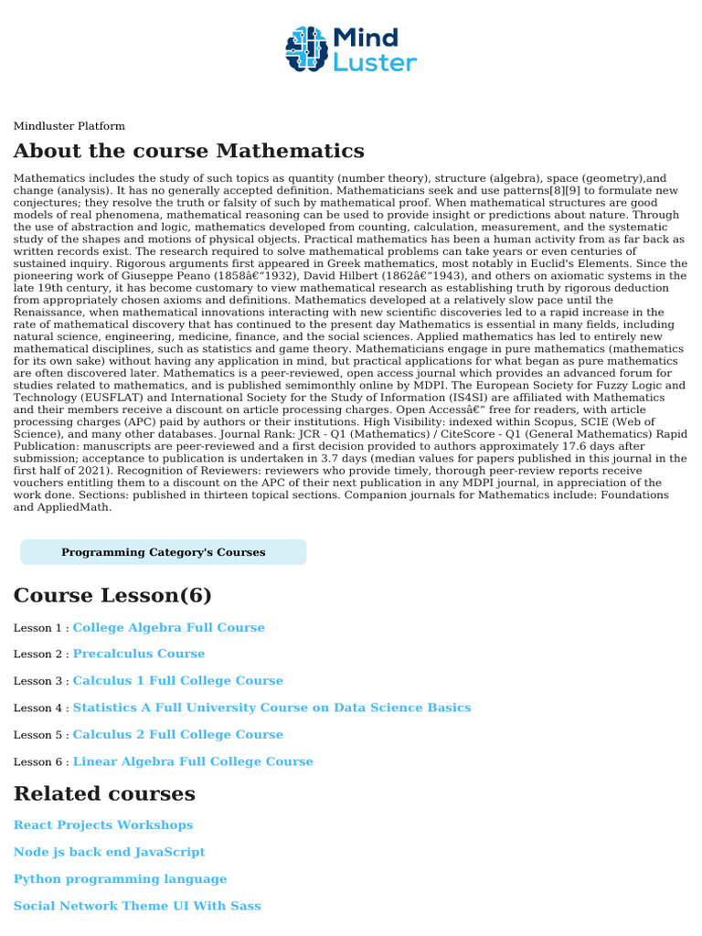 Mathematics Course Content | PDF | Mathematics | Axiom