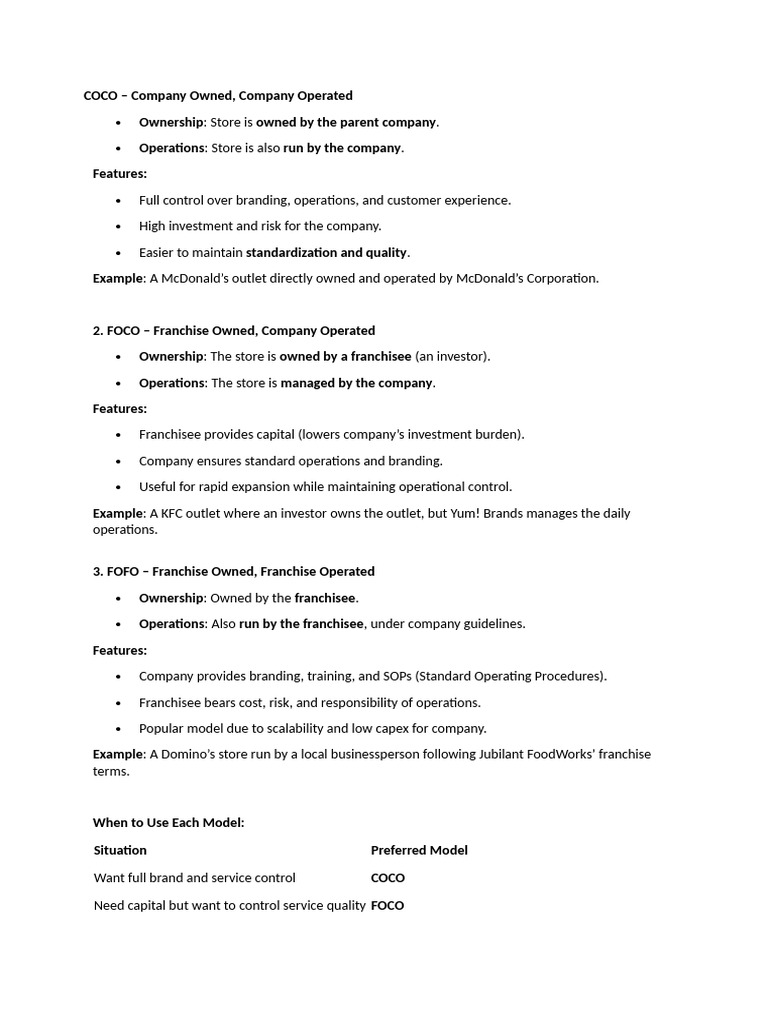 COCO, FOCO, FOFO Franchise Models Explained | PDF | Startup Company ...