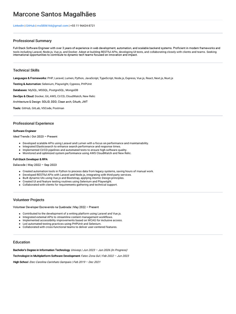 Full-Stack Software Engineer Profile | PDF | Selenium (Software) | Web ...