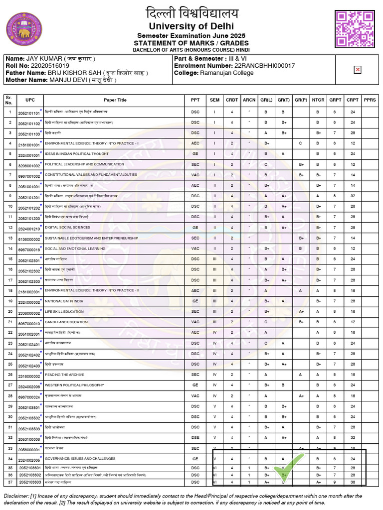 University of Delhi: Semester Examination June 2025 Statement of Marks ...