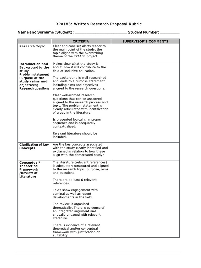 RPA183 Research Proposal Evaluation Rubric | PDF | Methodology | Science