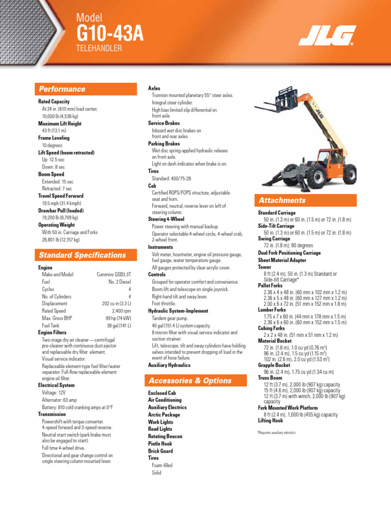 JLG G10-43A Telehandler Specifications | PDF | Brake | Axle