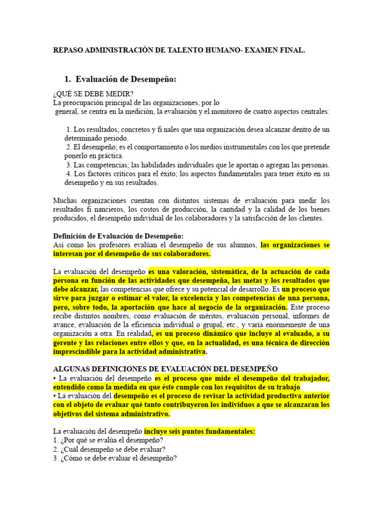 Repaso Administraciòn de Talento Humano Examen Final PDF | PDF ...