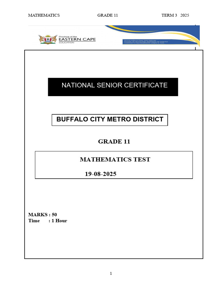Grade 11 Mathematics Test Term 3 2025 | PDF