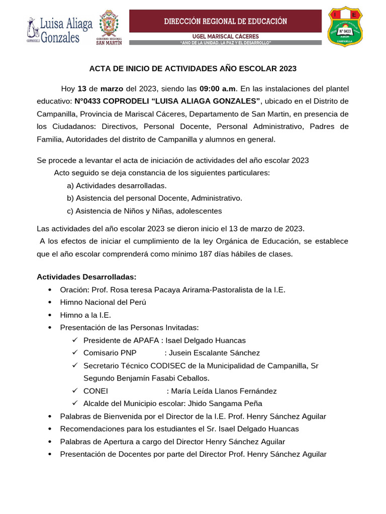 Acta de Inicio Año Escolar 2023 | PDF
