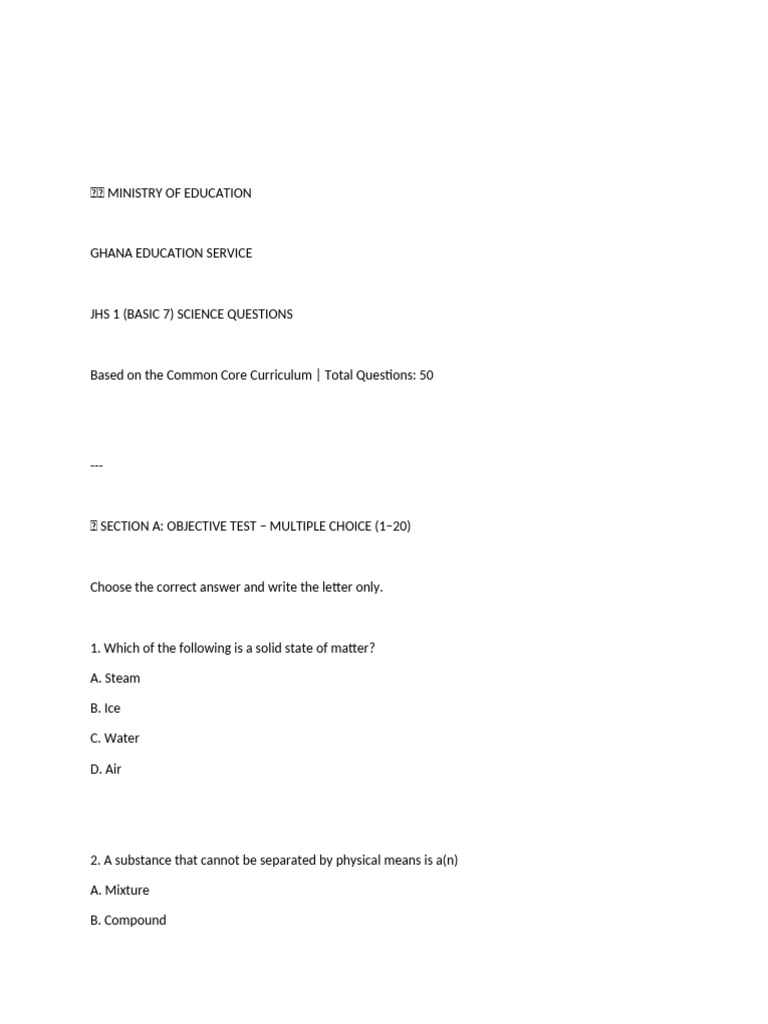 JHS 1 Science Questions for Ghana Curriculum | PDF | Water | Liquids
