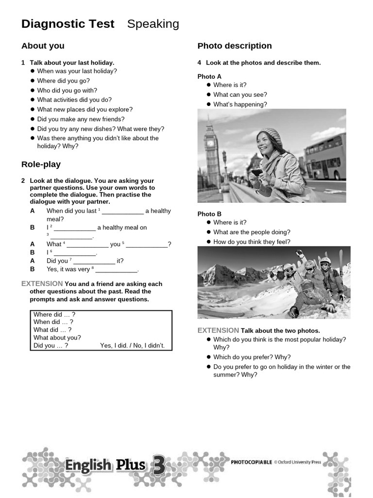 Speaking Diagnostic Test: Holidays & Photos | PDF